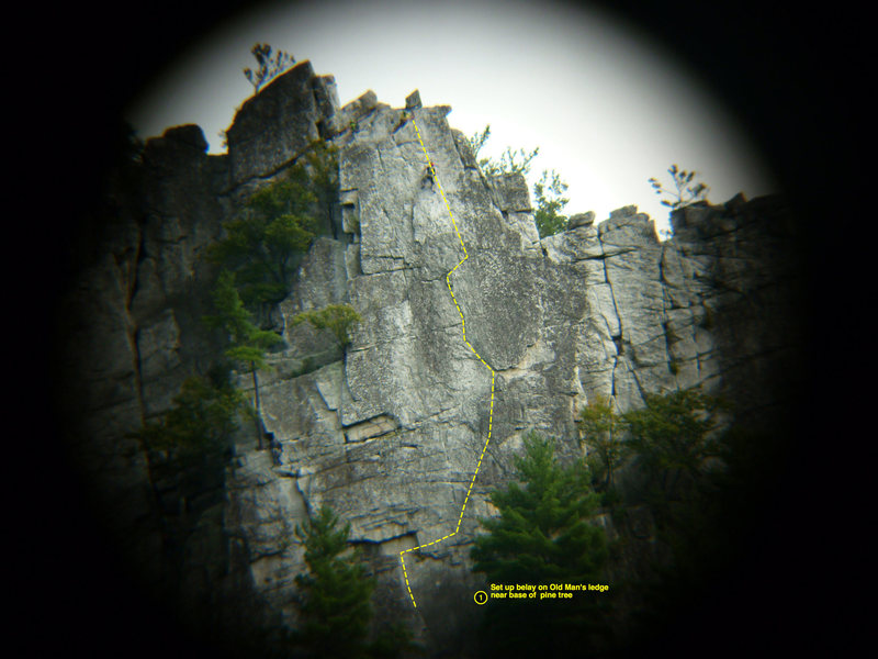 Back to the Front, start at wide right facing corner on Old Man's Ledge. Unknown climber