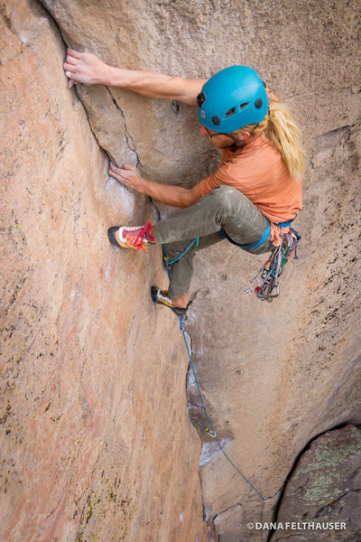 Climbing on gear only, Aaron Livingston high steps through the difficult lieback section of O.R.G.asm.<br>
<br>
Photo By Dana Felthauser<br>
www.danafelthauser.com<br>
Insta: @danafelthauser