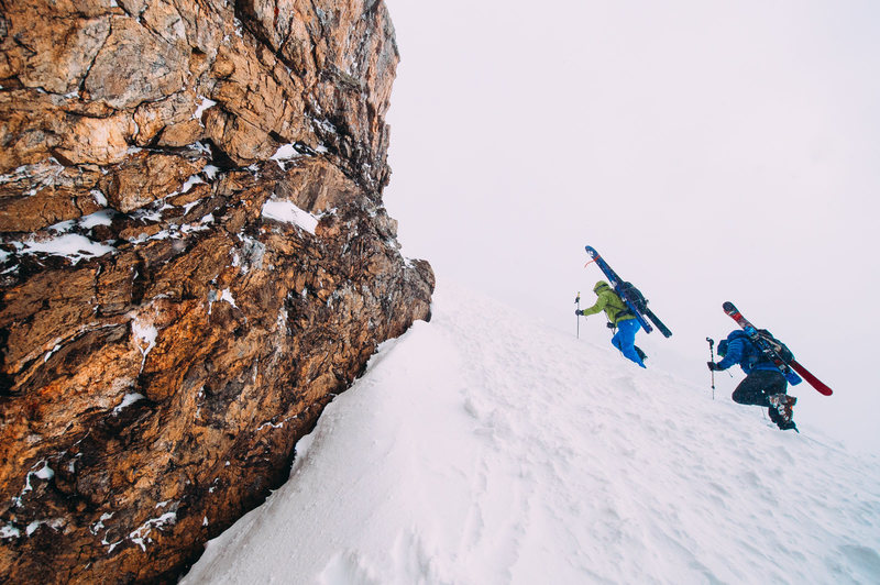 Eli Helmuth and Ryan Bogus of Climbing Life Guides make their way up the Dragon's Tail Couloir in sub-optimal conditions.