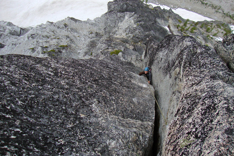 Looking down the crux corner