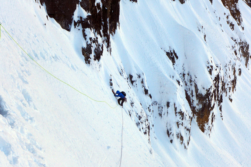 Man Yoga. Steep snow slopes of Pitch 1 (Pitch 0 in description).