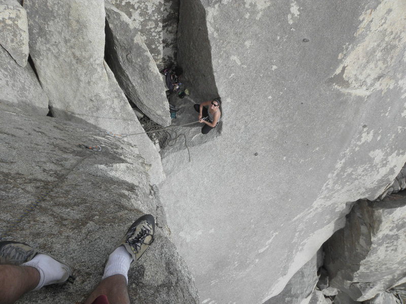 rebeca russell on belay while I climb to the summit of The Praying Monkey