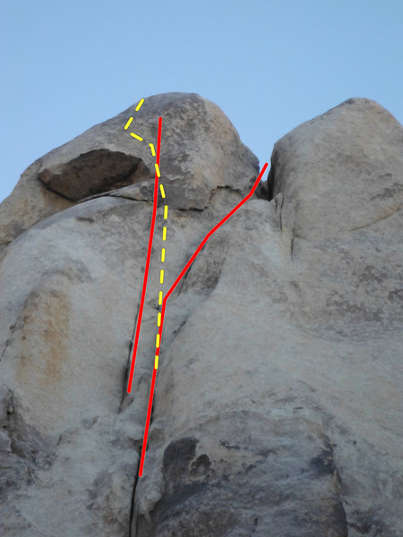 The top of Poaching Bighorn, instead of following the boring crack right, you can go left at the end - up the thin crack that ends just below the summit, foot traverse left along the lip of the roof and face climb to the top. Its good.