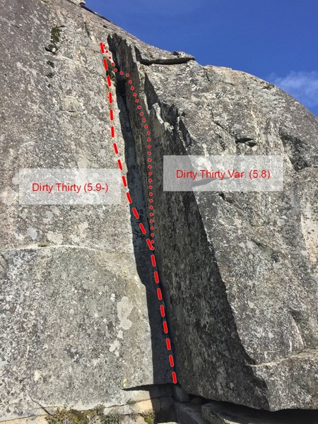 Dirty Thirty. Stay on the face for a thin 5.9-. Use the arete and jugs for a slightly easier (maybe mentally a little more difficult) 5.8.