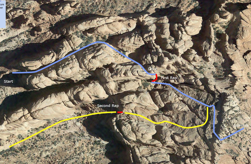 A google-eye view of the route. The biggest route finding issues are spotting the right turn to go up to the second basin and, on descent, traversing under the small vertical wall until past the obvious gash before heading down.