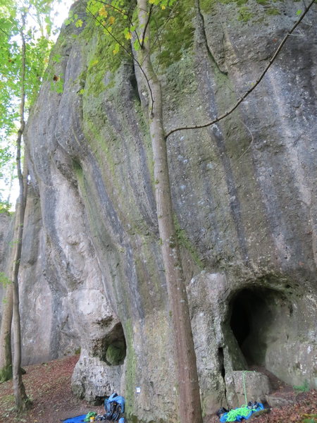 The right side of Luisenwand. The rope is below Kaum Zeit sum Atmen; The Essential climbs the line above the metal plaque.