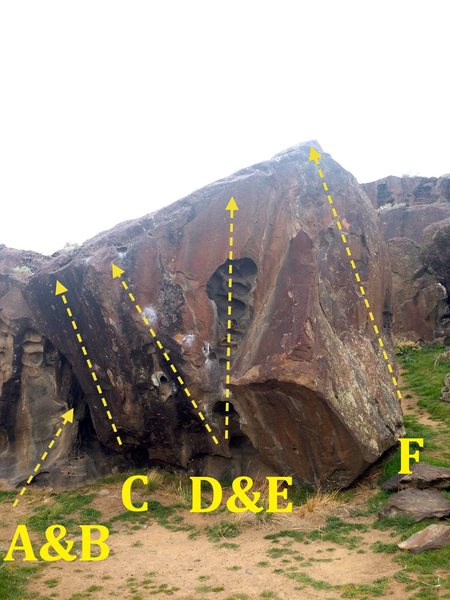 Stoner Boulder:<br>
*A & B not shown. In the Stoner Cave. <br>
A) Strung Out V7 <br>
B) Consolation Prize V4<br>
C) Fudge V5<br>
D) Holiday in Costco V7<br>
E) Stoner Hueco Route V0<br>
F) Easy Cleaver V0