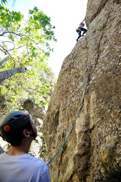 Tim Beccue belays sister Alyssa on Economique (5.10a), at Wheeler Gorge.