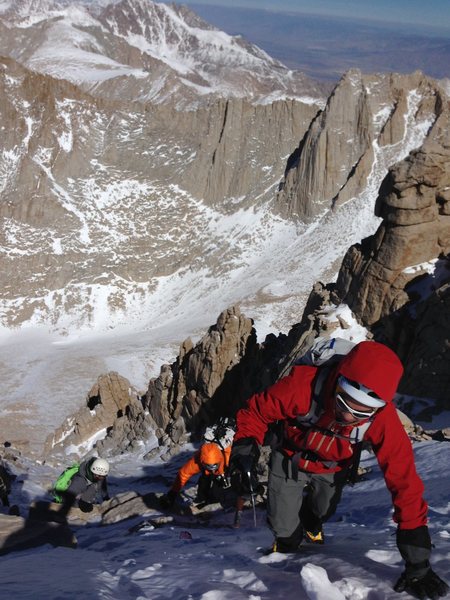 Ascending up the 3rd class variation after The Notch.<br>
<br>
Left to Right: Andrey Yudin, Gilberto Gil, Eric Catig<br>
<br>
Photo By: Trevor Summerfield