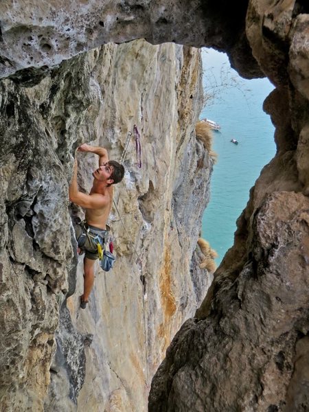 Past high crux on The King and I. West Railay Beach in Krabi, Thailand.