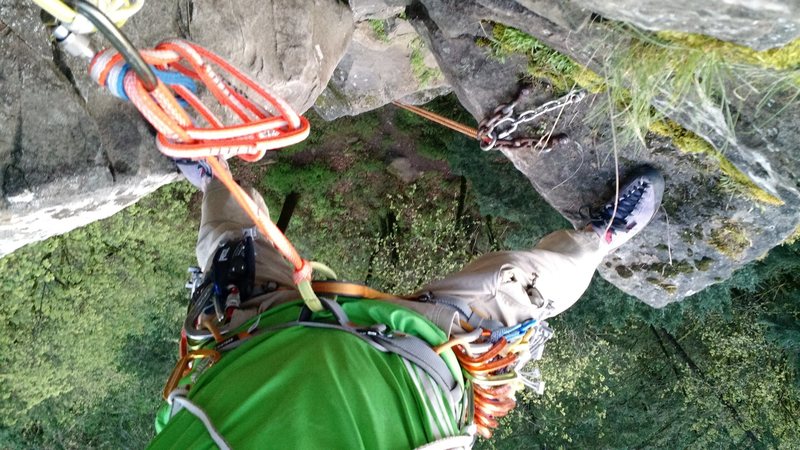 Interesting POV from our makeshift belay stance atop P3.