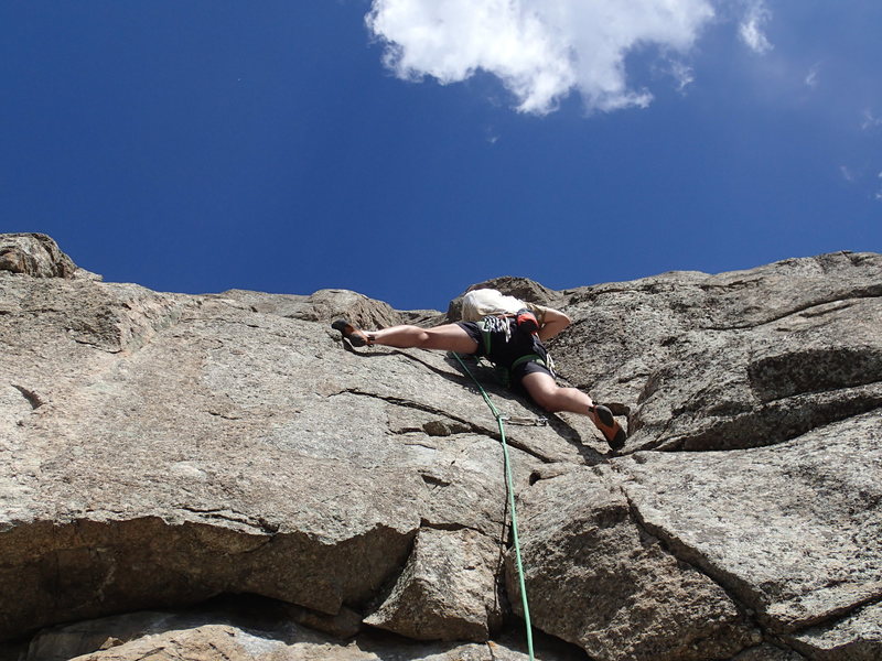 Climber above the crux on The Direct Route.