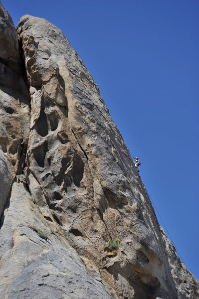 Five-year-old Wesley Fienup climbs Rotten Bananas, on the Tall Wall in the Alabama Hills.