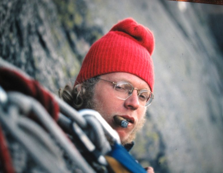Mike Peloquin on the Bivy Ledge Top of pitch5 FA Labyrinth Wall 1971