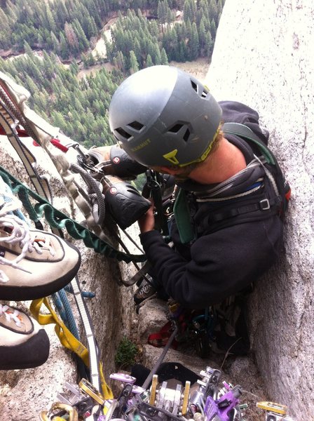The chimney belay at te top of P8. By far the most comfortable and roomy belay with two people crammed in there. But great pitches before and after.