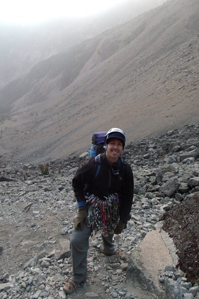The loose, long and arduous scree approach. We took turns swapping the rack