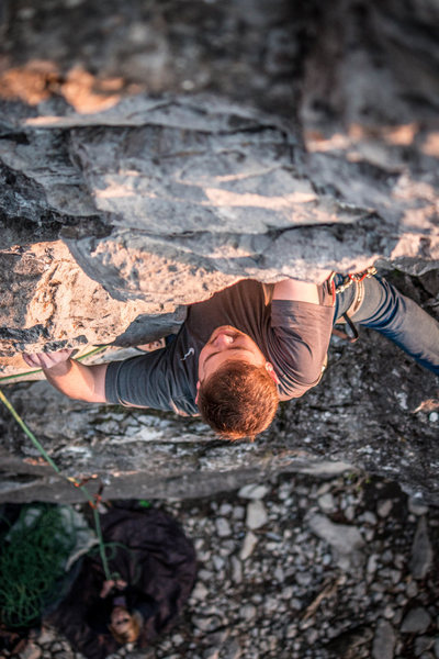 Johnny on his first lead ever. Climbing Syzygy on a cold day. (Canon 70d)