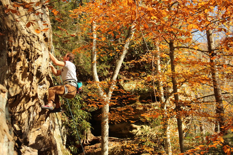 Climbing through the crux on a beautiful Fall day
