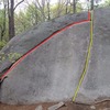 Easy Crack (yellow) to the right, and Easy Crack Traverse (red) to the left.