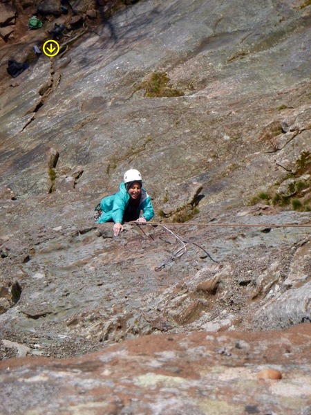 Rose climbing the second half of the 2nd pitch. You can see the start flake system down at the bottom.