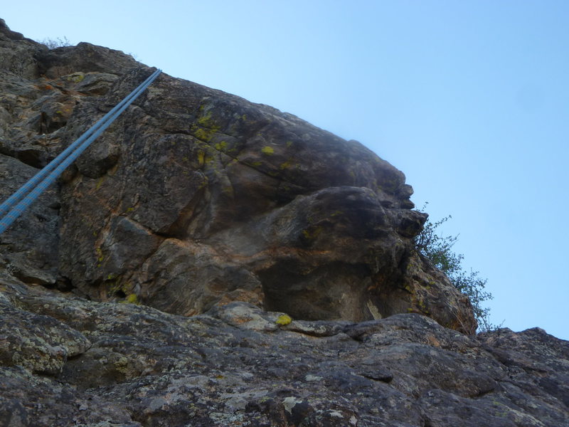 The crux block. Climb is to right of rope.