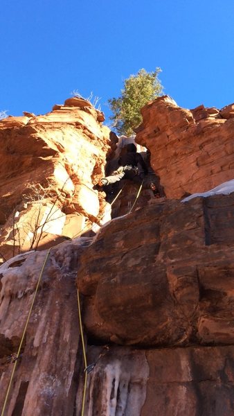 Dan Z. and the top of the slot. That's the rap tree.<br>
<br>
In our mind, a defining characteristic of a quality mixed climb is one in which there is significantly more rock gear than ice gear, perhaps 75/25, and perhaps a smattering of snow.