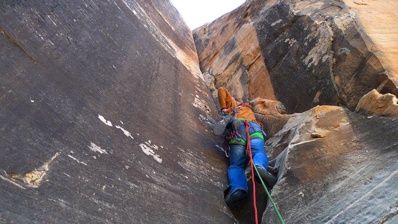 First pitch, easy 5.10 crack in corner. Gets wide at the top though.