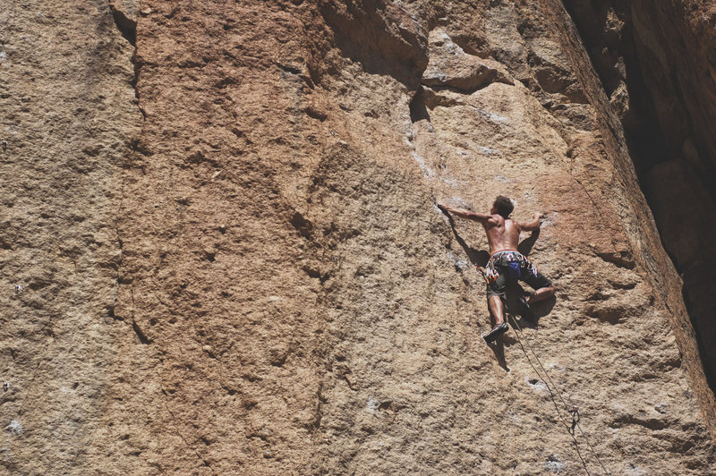 Andy starting the crux on a dreadfully hot day.