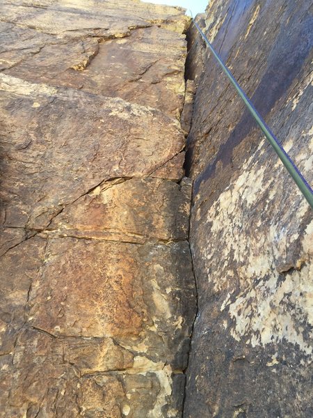 Looking up at the last 30+ feet of pitch 3, the "squared off corner". This section felt like the crux, and it was awesome!