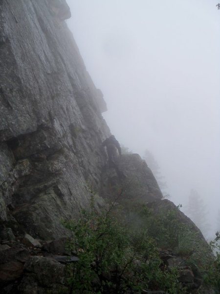 The scramble up the ledge above the front triangle. Exposed Class 4.