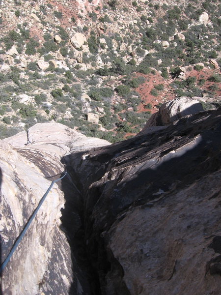 The long offwidth crack on pitch 2 of Group Therapy. You can just see Annie's helmet at the bottom.