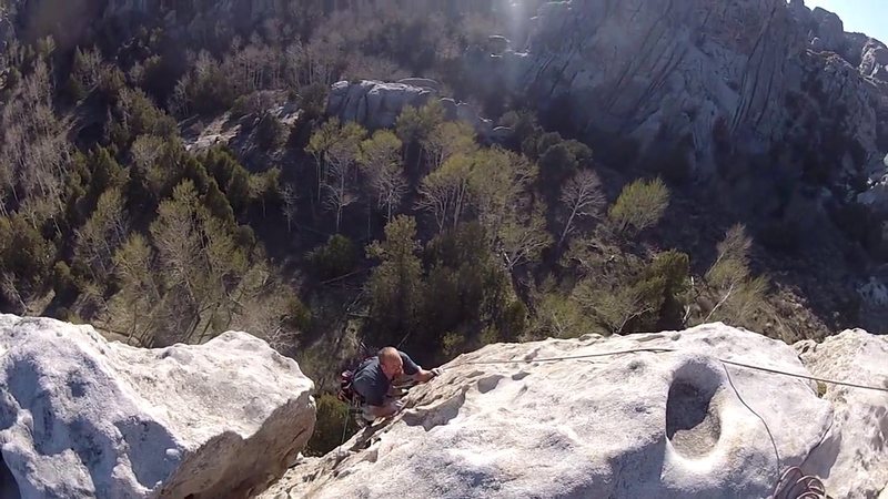Milton topping out on Too Much Fun. Huge belay ledge at the top.