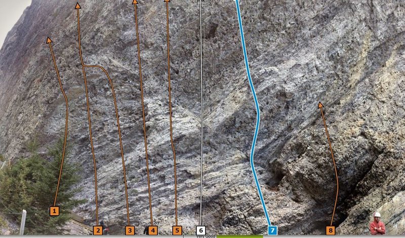 picture of grassi lakes<br>
<br>
1. Buckets from hell aka choss toss<br>
2. Meathooks<br>
3. stormtroopers<br>
4. Holey Shit<br>
5. the harlot<br>
6. project<br>
7. B60 OBO<br>
8. born in the mountains