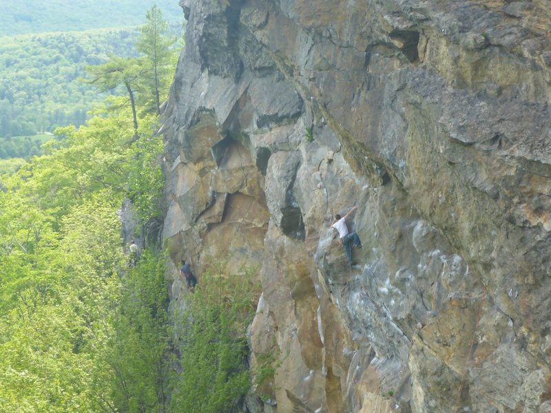 Nice photo of Underdog taken somewhere from the right side of Main Cliff. Matt Levine on route, Jay Morse with the photo cred.