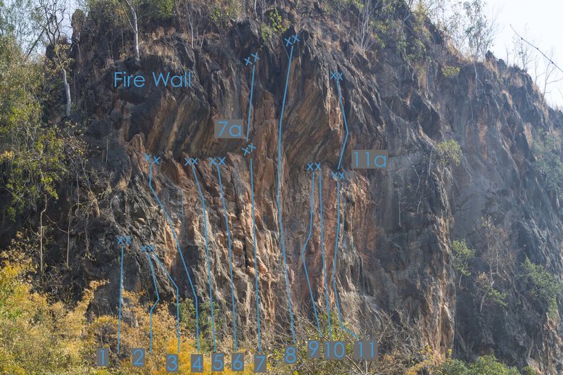 Fire Wall Topo:<br>
1: Win For The Win (5.11a)<br>
2: Devil's Right Leg (5.11b)<br>
3: Magmasquitos (5.11a)<br>
4: Flaming Longyis (5.11c)<br>
5: Cheroots of Fire (5.10c)<br>
6: Paper Lantern (5.10a)<br>
7: A Goat, A Yurt, A Wheel (5.8)<br>
7a: Big Goat (5.10b)<br>
8: Firefly Engagement (5.12c)<br>
9: Lava Smoothie (5.10a)<br>
10: Slip 'n Slide (5.11a)<br>
11: Hot Season (5.11c)<br>
11a: Long Hot Season (5.11+?)
