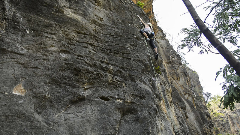 Katie cruxing on Flaming Longyis