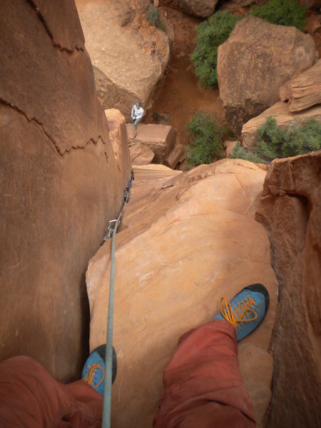 Self-portrait at the top of the ole Texas Two Step! (Peter Metcalf on Belay)