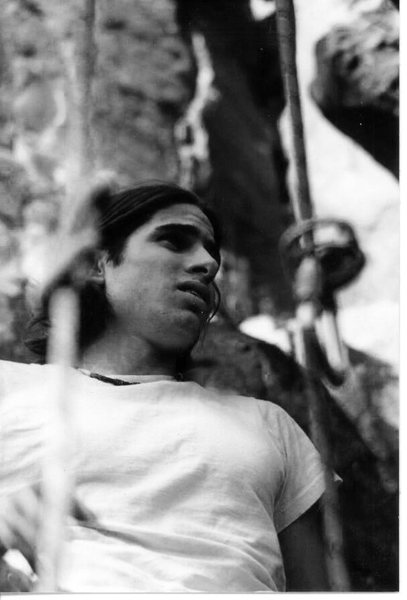 "I hear a lotta big talk...." amidst the swaying ropes of The Pedestal Buttress, Devils Lake, WI 1996.