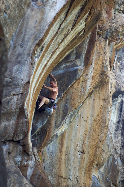 Powerhouse Keith Beckley warming up the guns on Be The Burn 5.11+, The South End, Peaks Crag.