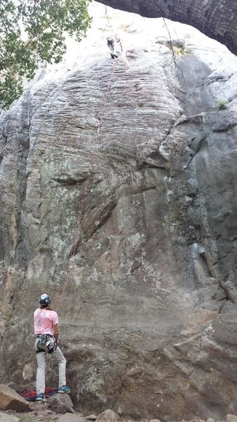 Almost the entire line of Curley, me on lead just below the anchors, Aaron belaying.