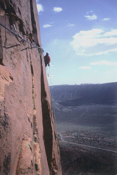  P.Ross on the FA Girdle/Traverse  of Castleton Tower