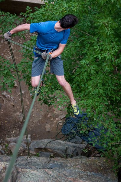 Rappelling down from the ledge on top of Gondolier Arete.