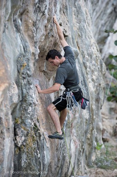 Starting up one of the routes on Dixon's Wall. I'm not sure which one.  (Michael, that's Dixon's Delight and you shoulda stick clipped it ;-)  JB)