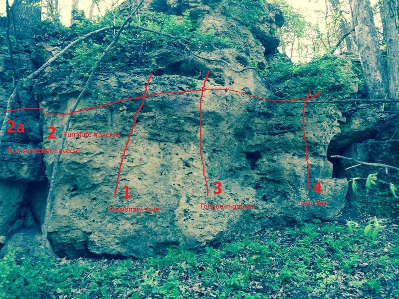 Furniture boulder. All problems are sit-starts except the traverse.