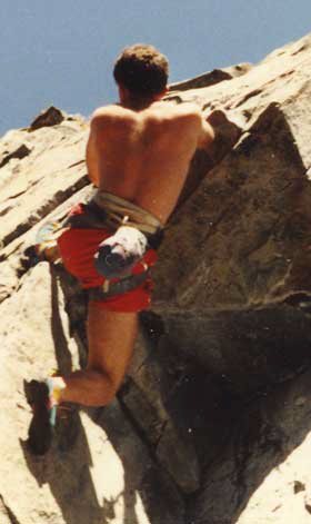 Back in the day, ~1989, 90 Foot Wall, Lightning Bolt 5.10b --going over.....