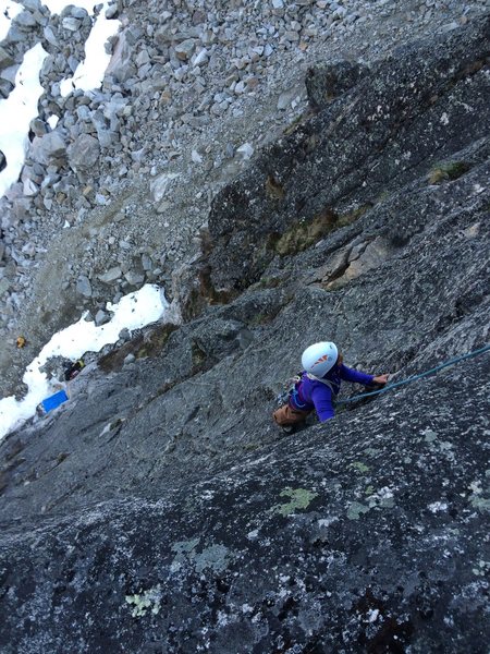 Looking down P1 from the nice, clean granite anchor ledge.