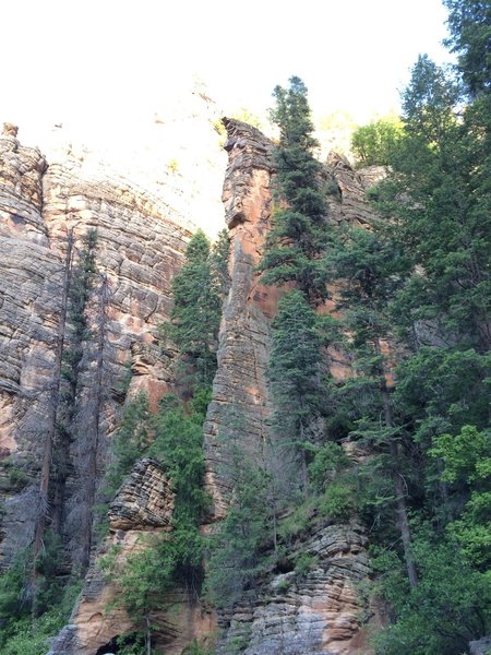Does anyone know what the line is that goes up the crack to the right of the arete? Looks pretty rad and had some webbing at the very top. This photo was taken right as you get to the creek at the base of the steep entrance trail (i.e. the trail out is gully just to the right of the frame)