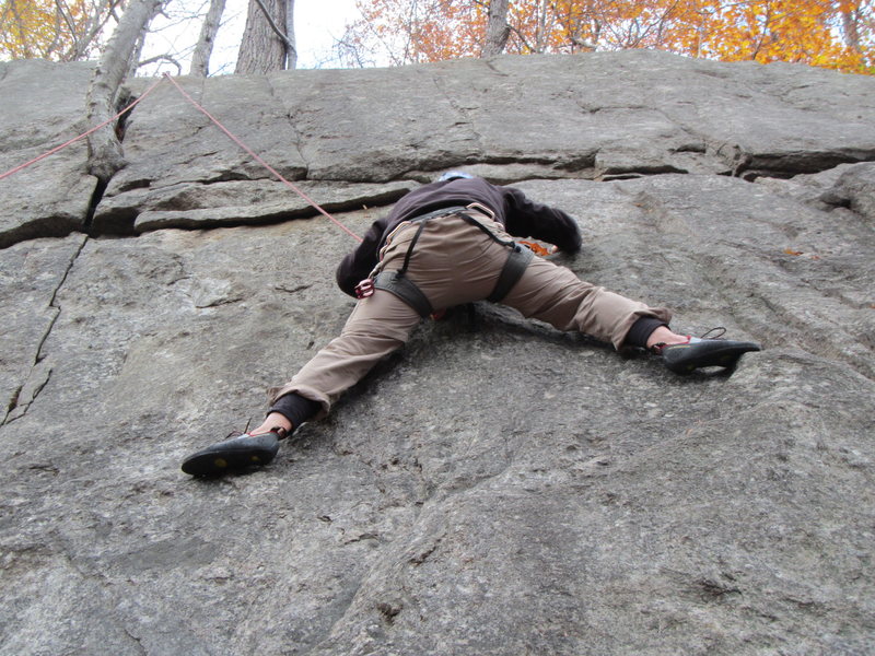 St. John's Ledges, CT. 5.6 crack climb<br>
(first outdoor climbing)