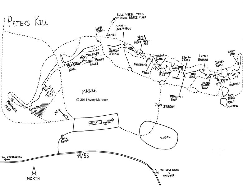 Topo of the Lower Peter's Kill cliffs. The one from the guidebook has some misleading/inaccurate information. PM me if you have any suggestions for improvement for this one.