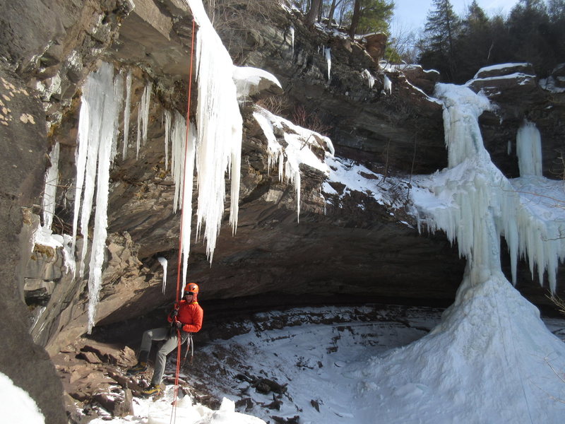 Jan 2015 -- Brandon rapping off the upper tier of Kaaterskill Falls after we climbed both pitches. The upper falls had just come in the week before and was still creaky. As I led the final 50' you could see water rushing down behind the ice, which was about 12" thick. Temps were b/w 0 and 5 degrees (F), so cold as hell!